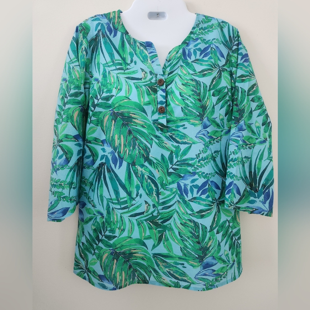 J. Jill Top Soft Cotton Green and Blue Leaf Print - Picture 9 of 9